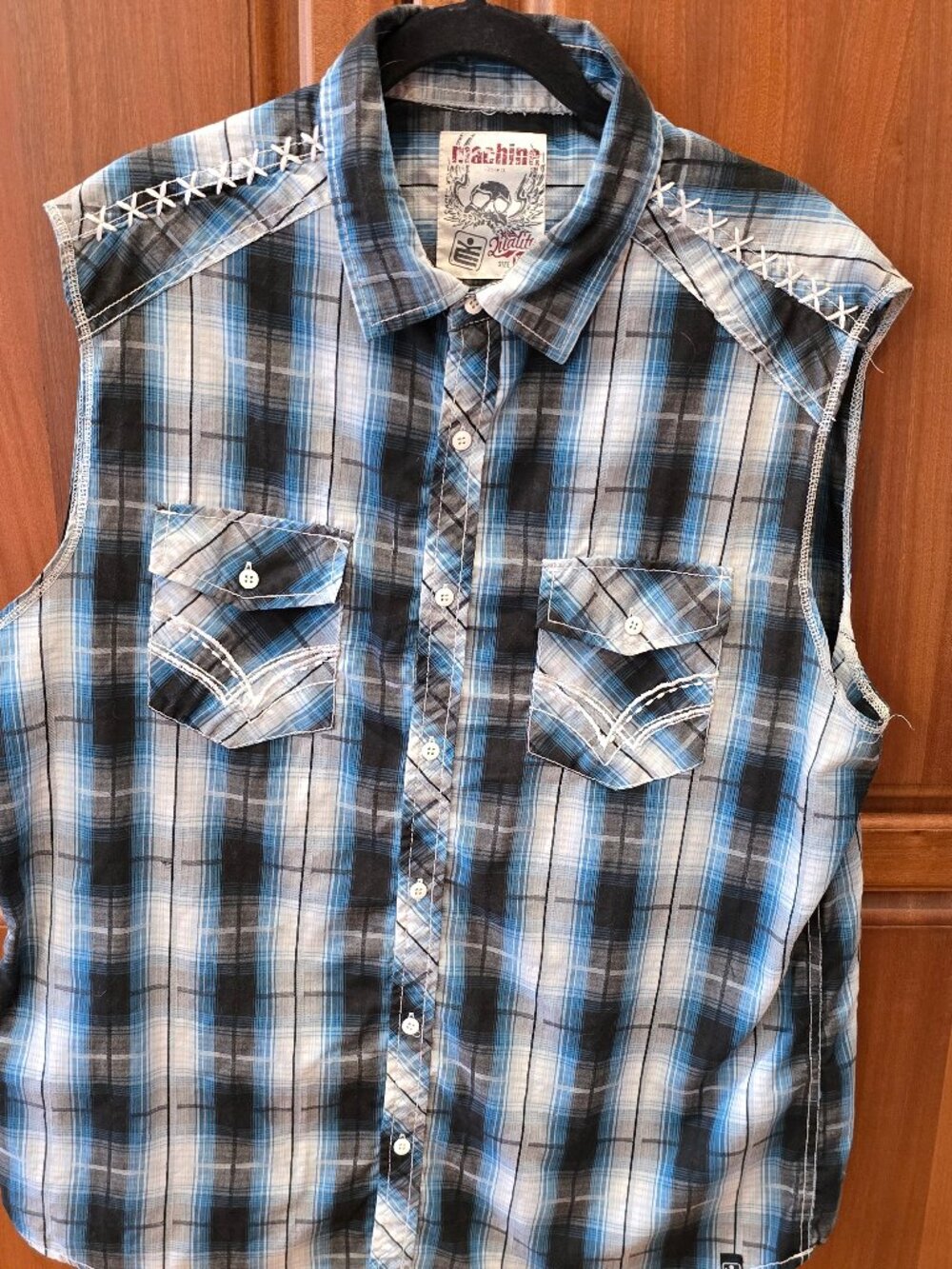 mahina Sleeveless Blue Plaid Button-Down Shirt